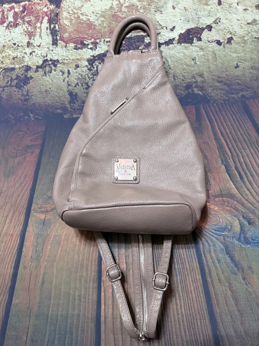 Valentina Taupe Gray Pebbled Leather Backpack